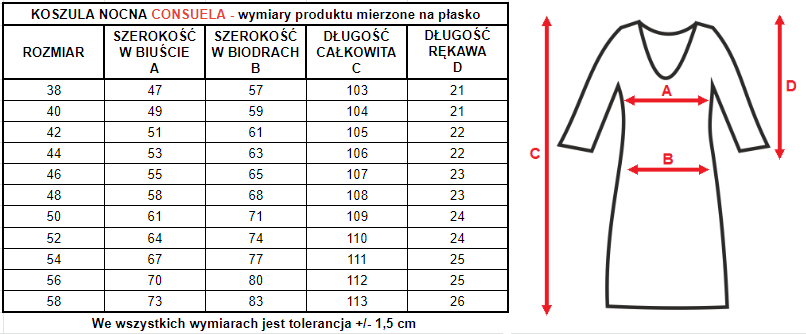 wymiary koszuli nocnej  Consuela